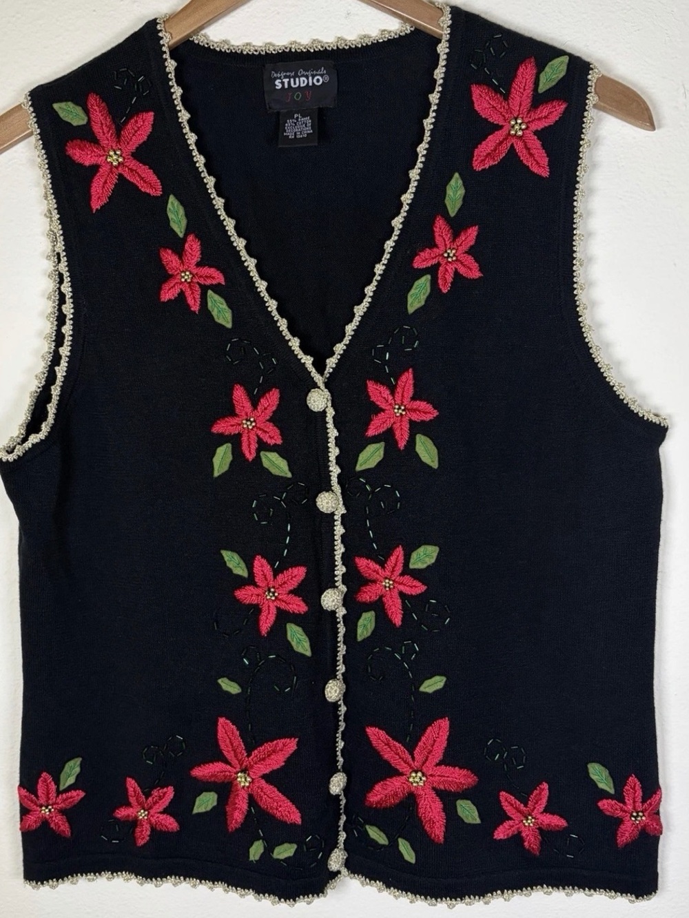 Designers Originals Studio Joy Christmas Sweater Vest PL Black Poinsettia Beaded